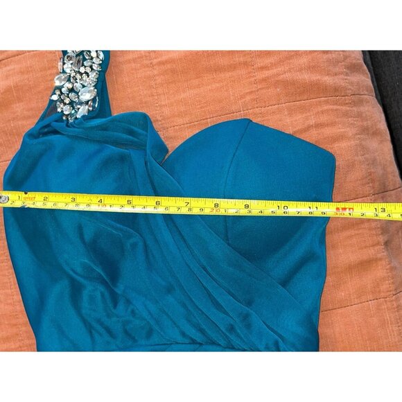 Xscape Teal One-Shoulder Ruched Embellished Long Gown Size 4 Womens - Picture 9 of 14